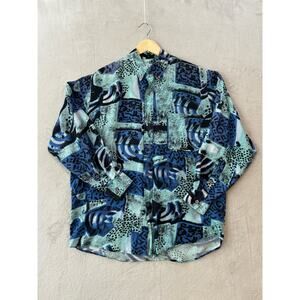 Vintage 80s 90s Laser Men's Medium 100% Silk Abstract Tribal Long Sleeve Shirt